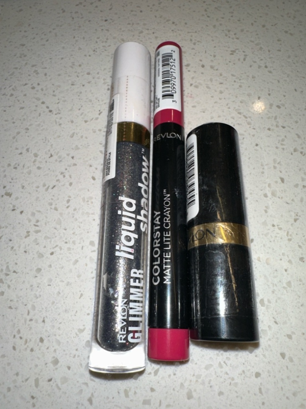 Revlon Pink Matte Lip Crayon  pink with Gray Glitter Liquid Shadow and lipstick
